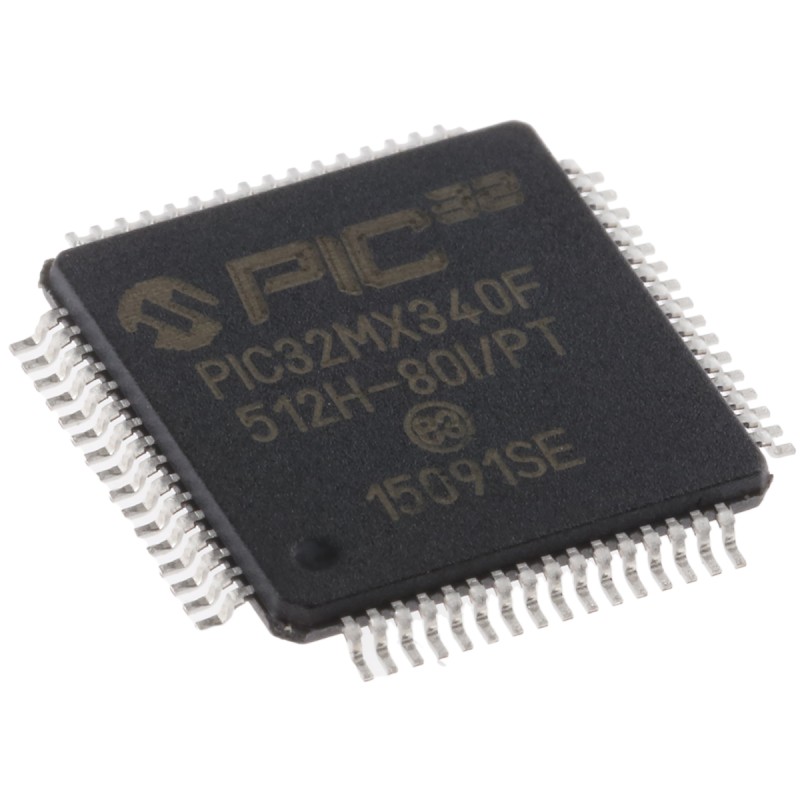 1 pcs - Microchip PIC32MX340F512H-80I/PT, 32bit PIC Microcontroller, PIC32MX, 80MHz, 12 kB, 512 kB Flash, 64-Pin TQFP