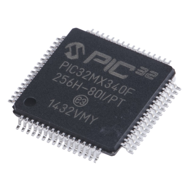 1 pcs - Microchip PIC32MX340F256H-80I/PT, 32bit PIC Microcontroller, PIC32MX, 80MHz, 12 kB, 256 kB Flash, 64-Pin TQFP
