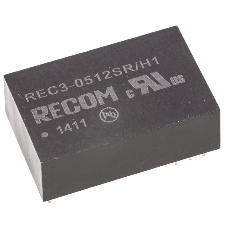 1 pcs - Recom REC3 DC-DC Converter, 12V dc/ 250mA Output, 4.25 - 5.75 V dc Input, 3W, Through Hole, +80°C Max Temp -40°C