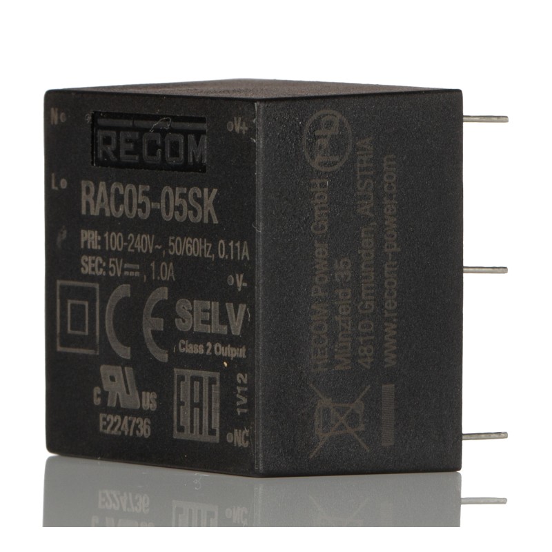 1 pcs - Recom Switching Power Supply, RAC05-05SK, 5V dc, 1A, 5W, 1 Output, 85 - 264V ac Input Voltage
