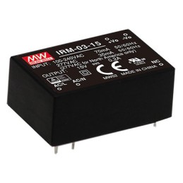 1 pcs - MEAN WELL Switching Power Supply, IRM-03-15, 15V dc, 200mA, 3W, 1 Output, 120 - 430 V dc, 85 - 305 V ac