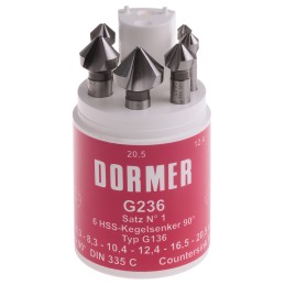 1 pcs - Dormer HSS Countersink Drill Bit Set, 6.3 - 20.5mm Head, 3 Flute(s), 90°, 6 Piece(s)