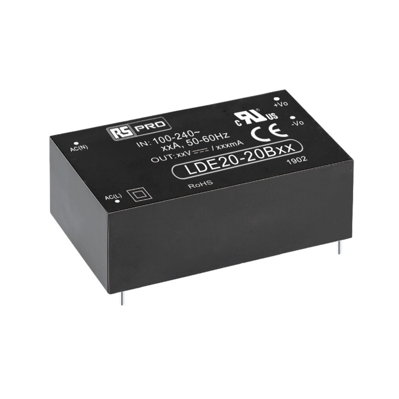1 pcs - RS PRO Switching Power Supply, 24V dc, 833mA, 20W, 1 Output, 100 - 370 V dc, 85 - 264 V ac Input Voltage