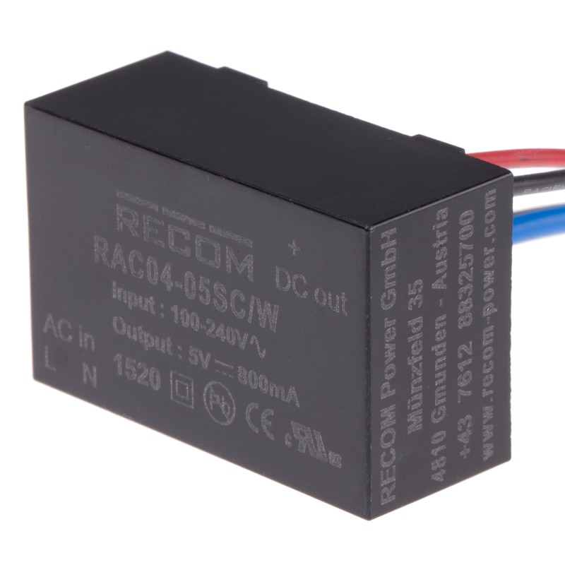 1 pcs - Recom Switching Power Supply, RAC04-05SC/W, 5V dc, 800mA, 4W, 1 Output, 115 - 370 V dc, 80 - 264V ac