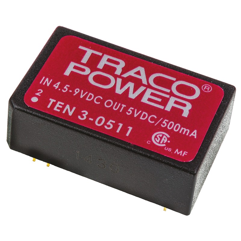 1 pcs - TRACOPOWER TEN 3 DC-DC Converter, 5V dc/ 500mA Output, 4.5 - 9 V dc Input, 3W, Through Hole, +85°C Max Temp