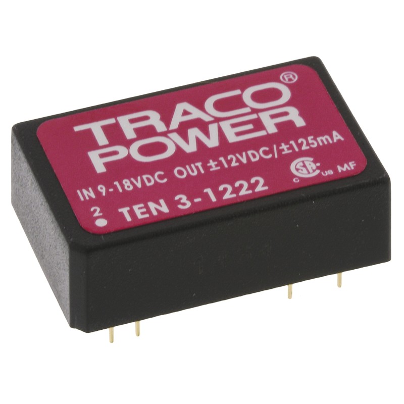 1 pcs - TRACOPOWER TEN 3 DC-DC Converter, ±12V dc/ ±125mA Output, 9 - 18 V dc Input, 3W, Through Hole, +85°C Max Temp