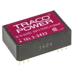 1 pcs - TRACOPOWER TEL 3 DC-DC Converter, ±12V dc/ ±125mA Output, 18 - 36 V dc Input, 3W, Through Hole, +85°C Max Temp