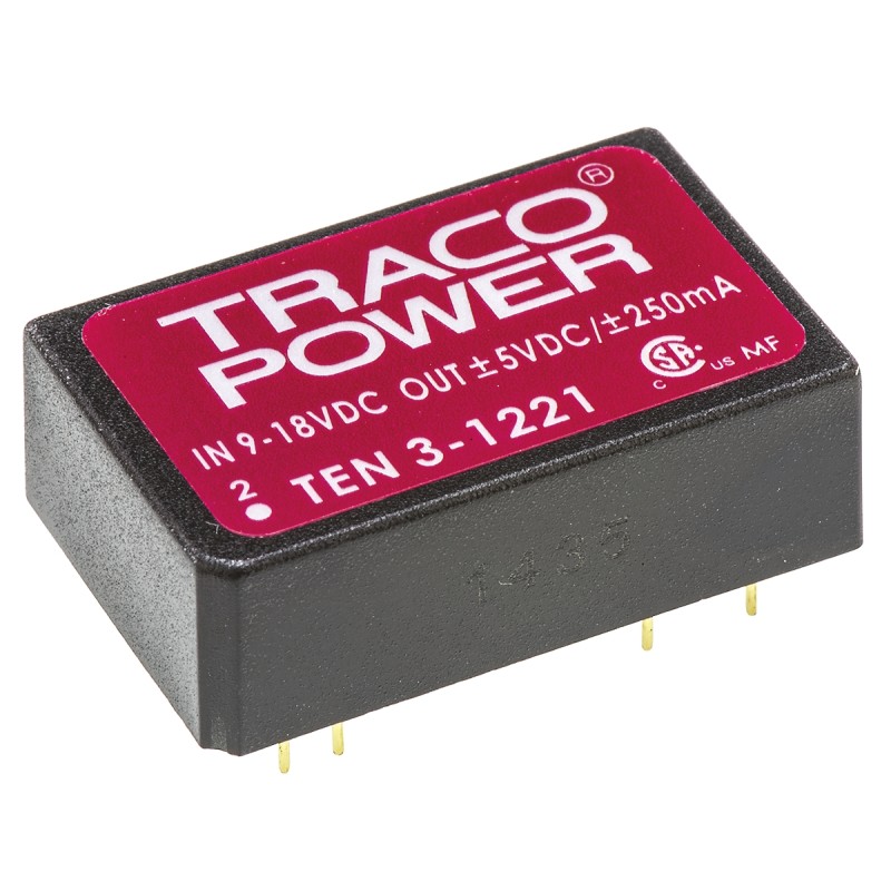 1 pcs - TRACOPOWER TEN 3 DC-DC Converter, ±5V dc/ ±250mA Output, 9 - 18 V dc Input, 3W, Through Hole, +85°C Max Temp
