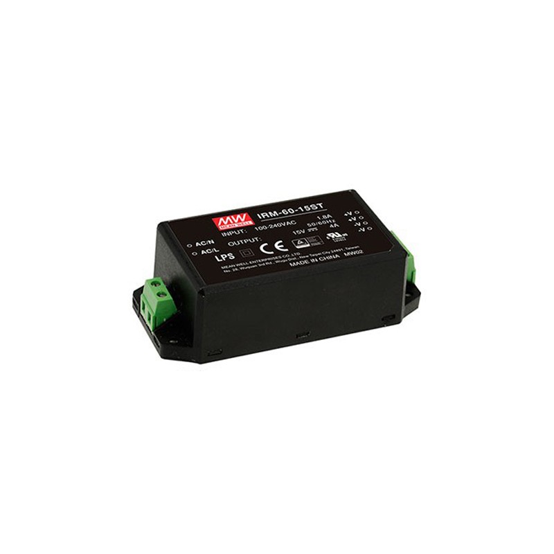 1 pcs - MEAN WELL Switching Power Supply, IRM-60-15ST, 15V dc, 4A, 60W, 1 Output, 85 - 264V ac Input Voltage