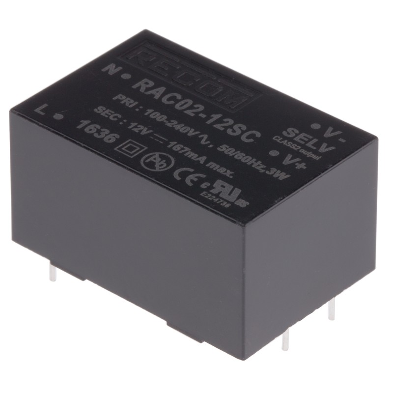 1 pcs - Recom Switching Power Supply, RAC02-12SC, 12V dc, 167mA, 2W, 1 Output, 90 - 277V ac Input Voltage