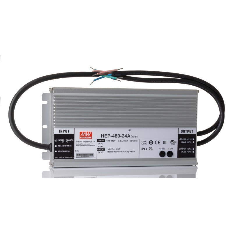 1 pcs - MEAN WELL Switching Power Supply, HEP-480-24A, 24V dc, 20A, 480W, 1 Output, 127 - 431 V dc, 90 - 305 V ac