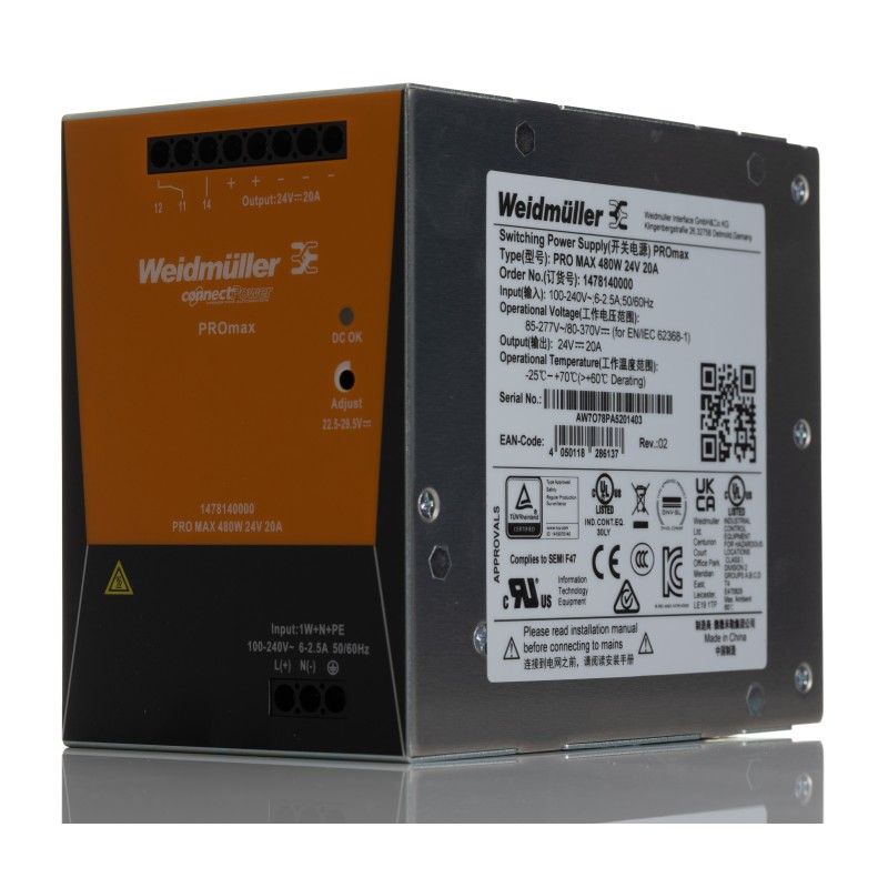 1 pcs - Weidmuller PRO MAX Power DIN Rail Power Supply, 85 - 277V ac ac, dc Input, 24V dc dc Output, 20A Output, 480W