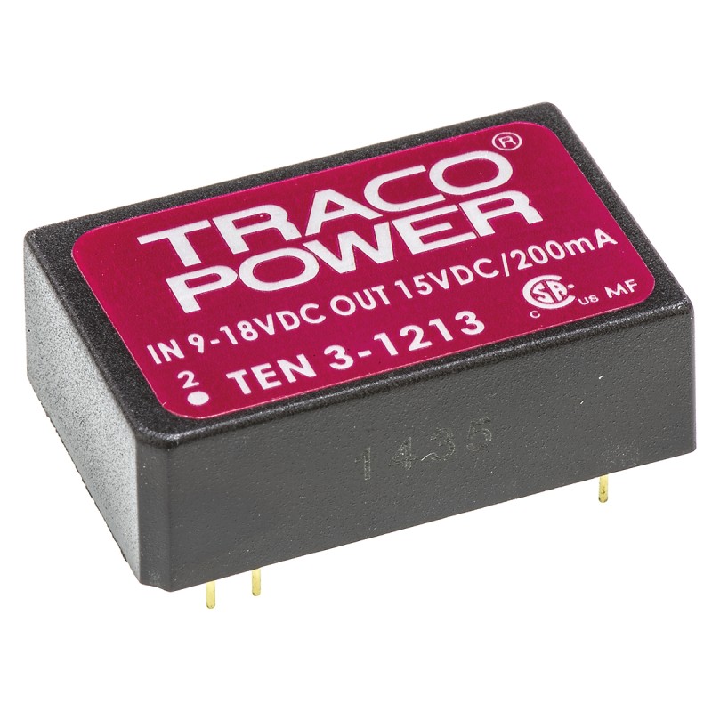 1 pcs - TRACOPOWER TEN 3 DC-DC Converter, 15V dc/ 200mA Output, 9 - 18 V dc Input, 3W, Through Hole, +85°C Max Temp