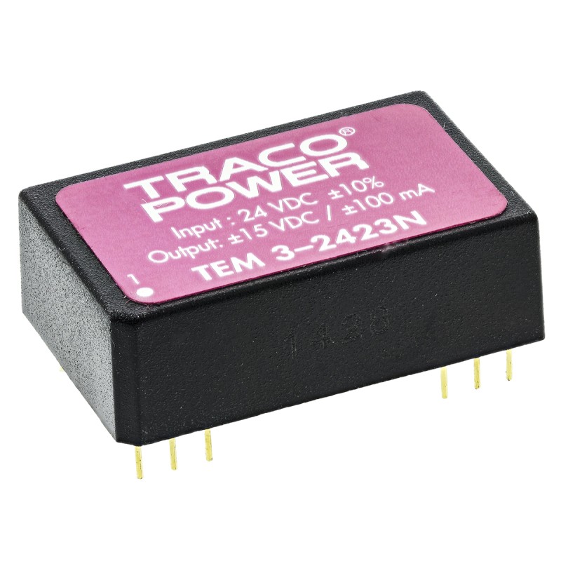 1 pcs - TRACOPOWER TEM 3N DC-DC Converter, ±15V dc/ ±100mA Output, 21.6 - 26.4 V dc Input, 3W, Through Hole, +85°C Max