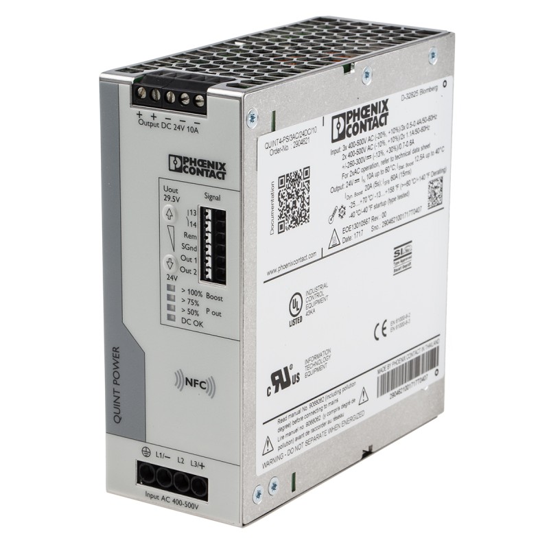1 pcs - Phoenix Contact QUINT4-PS/3AC/24DC/10 Switch Mode DIN Rail Power Supply, 400V ac ac Input, 24V dc dc Output, 10A