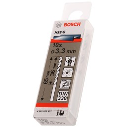 10 pcs - Bosch HSS-G Twist Drill Bit, 3.3mm Diameter, 65 mm Overall