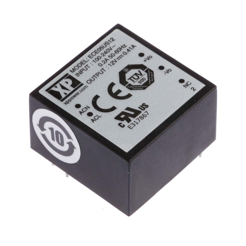 1 pcs - XP Power Switching Power Supply, ECE05US12, 12V dc, 410mA, 5W, 1 Output, 120 - 370 V dc, 85 - 264 V ac