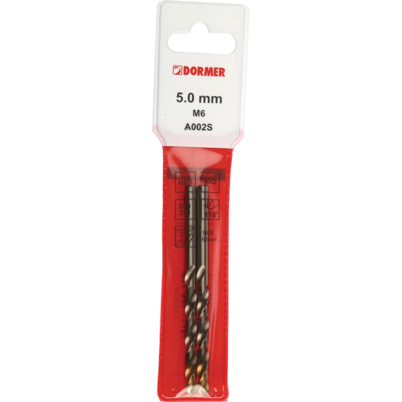 2 pcs - Dormer A002S Series HSS-TiN Twist Drill Bit, 5mm Diameter, 86 mm Overall