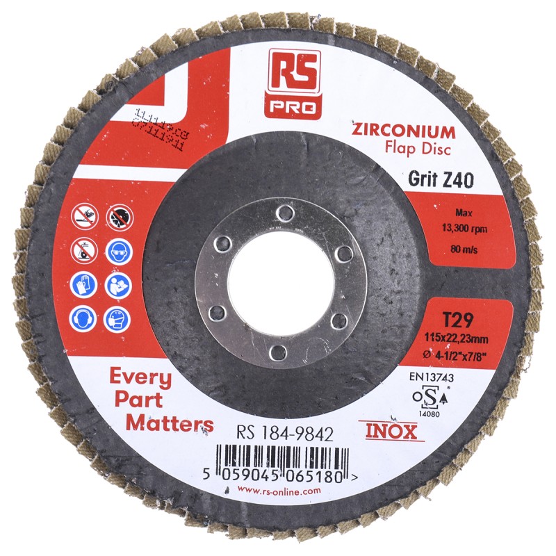 5 pcs - RS PRO Zirconium Dioxide Flap Disc, 115mm, P40 Grit