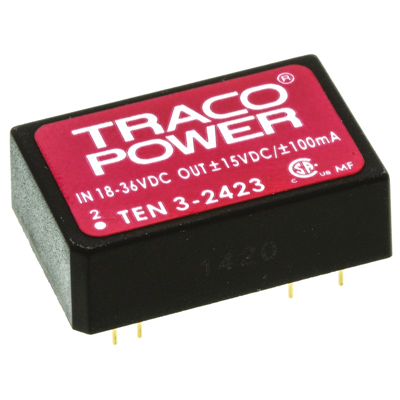 1 pcs - TRACOPOWER TEN 3 DC-DC Converter, ±15V dc/ ±100mA Output, 18 - 36 V dc Input, 3W, Through Hole, +85°C Max Temp