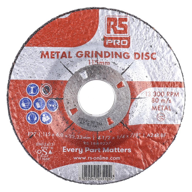 5 pcs - RS PRO Aluminium Oxide Grinding Disc, 115mm x 6mm Thick, P120 Grit, 5 in pack