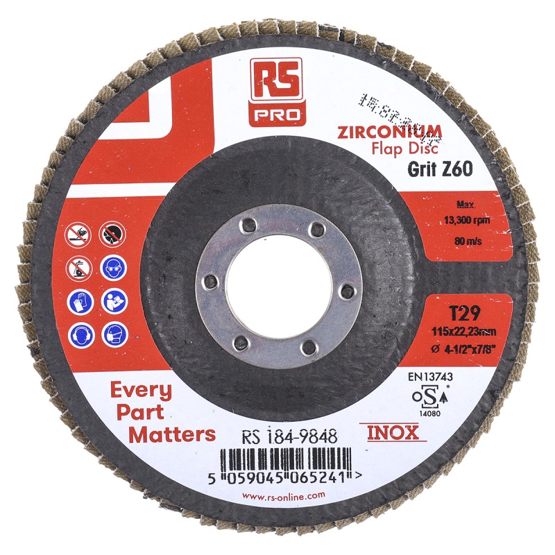 5 pcs - RS PRO Zirconium Dioxide Flap Disc, 115mm, P60 Grit