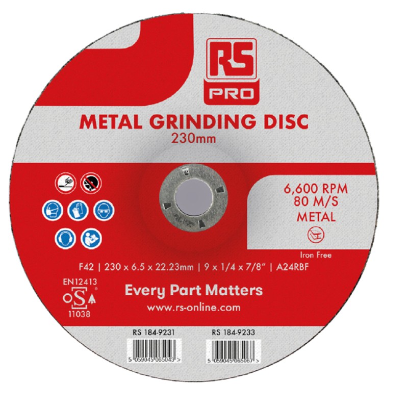 5 pcs - RS PRO Aluminium Oxide Grinding Disc, 230mm x 6.5mm Thick, P60 Grit, 5 in pack