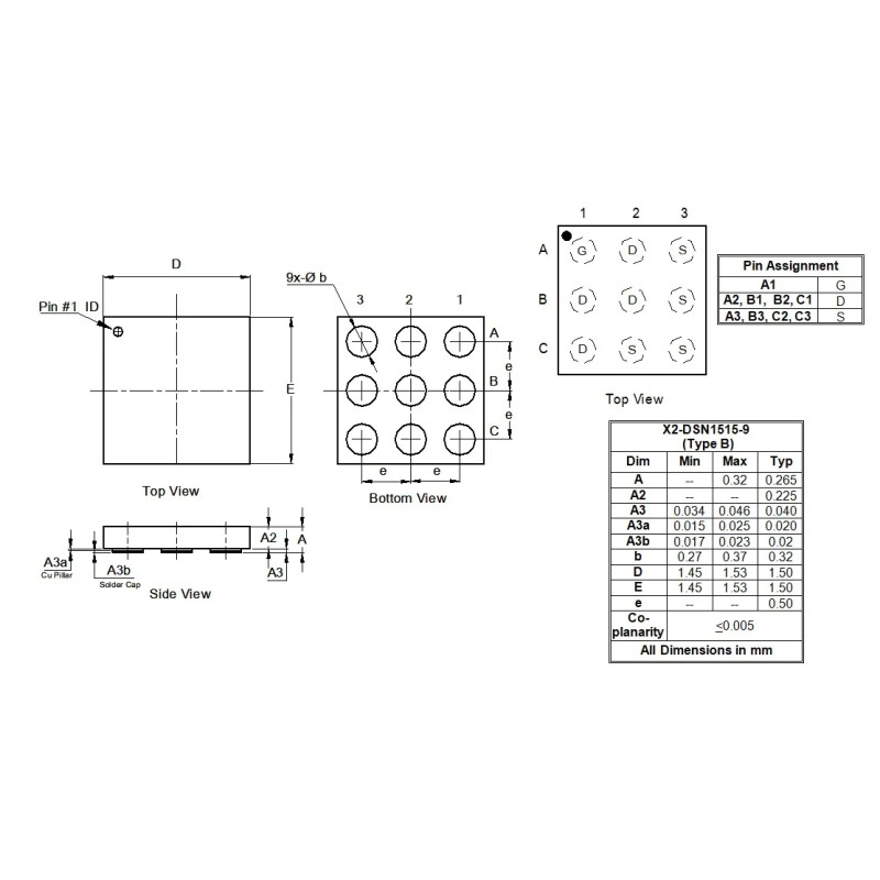 10 pcs - P-Channel MOSFET, 5.2 A, 20 V X2-DSN1515-9 Diodes Inc DMP2541UCP9-7
