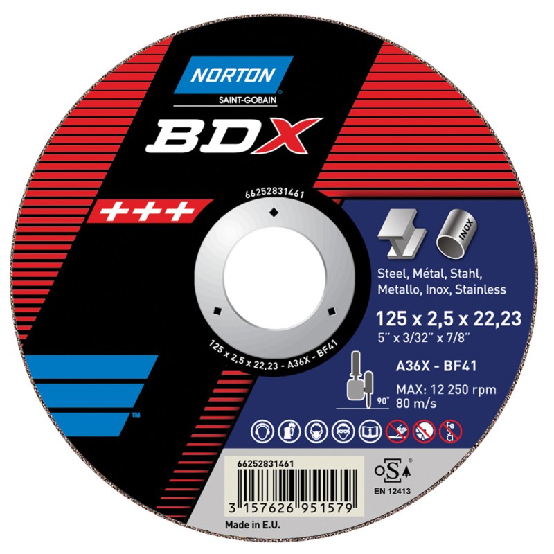 5 pcs - Norton Cutting Disc Aluminium Oxide Cutting Disc, 125mm x 2.5mm Thick, P36 Grit, BDX, 5 in pack