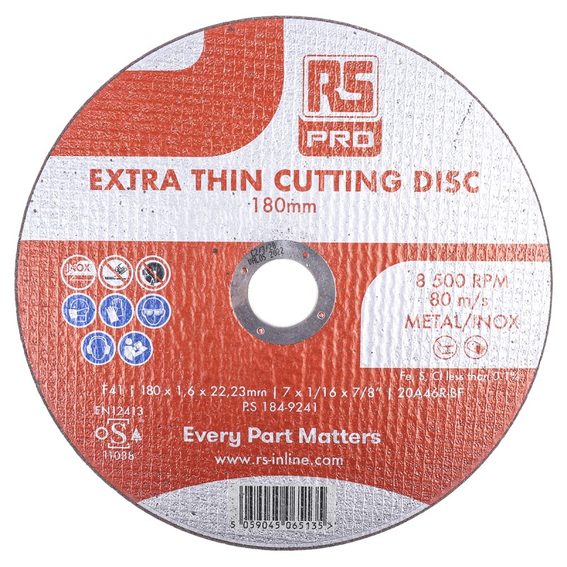 5 pcs - RS PRO Aluminium Oxide Cutting Disc, 178mm x 1.6mm Thick, P80 Grit, 5 in pack