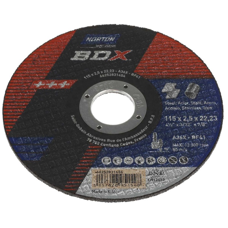 5 pcs - Norton Cutting Disc Aluminium Oxide Cutting Disc, 115mm x 2.5mm Thick, P36 Grit, BDX, 5 in pack
