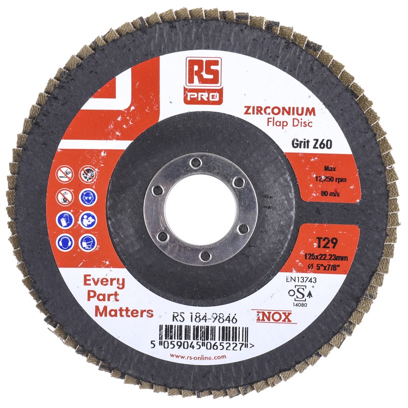 5 pcs - RS PRO Zirconium Dioxide Flap Disc, 125mm, P60 Grit, 5 in pack