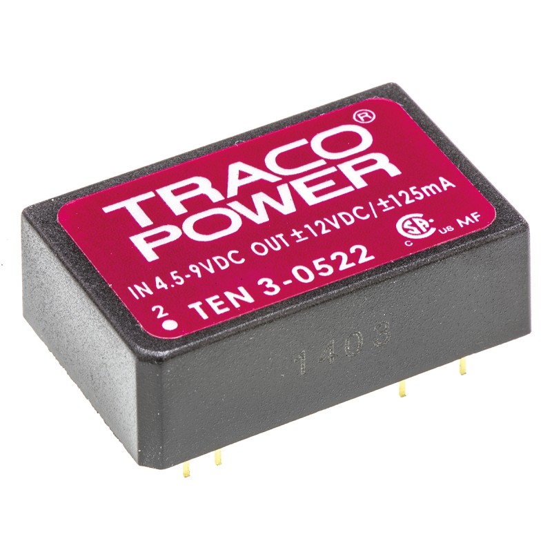 1 pcs - TRACOPOWER TEN 3 DC-DC Converter, ±12V dc/ ±125mA Output, 4.5 - 9 V dc Input, 3W, Through Hole, +85°C Max Temp