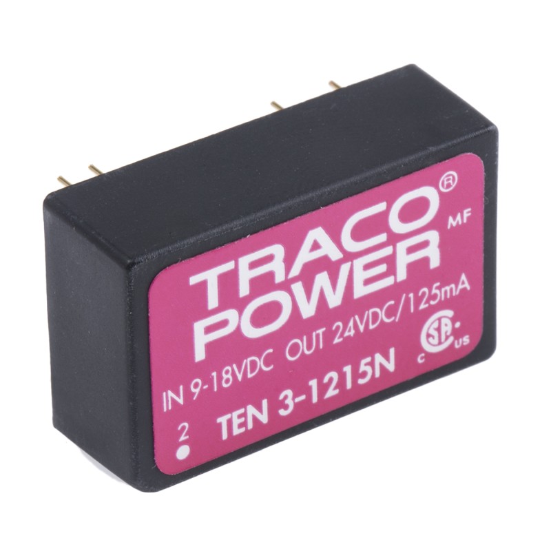 1 pcs - TRACOPOWER TEN 3N DC-DC Converter, 24V dc/ 125mA Output, 9 - 18 V dc Input, 3W, Through Hole, +85°C Max Temp