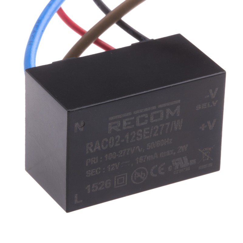 1 pcs - Recom Switching Power Supply, RAC02-12SE/277/W, 12V dc, 167mA, 2W, 1 Output, 120 - 430 V dc, 85 - 305 V