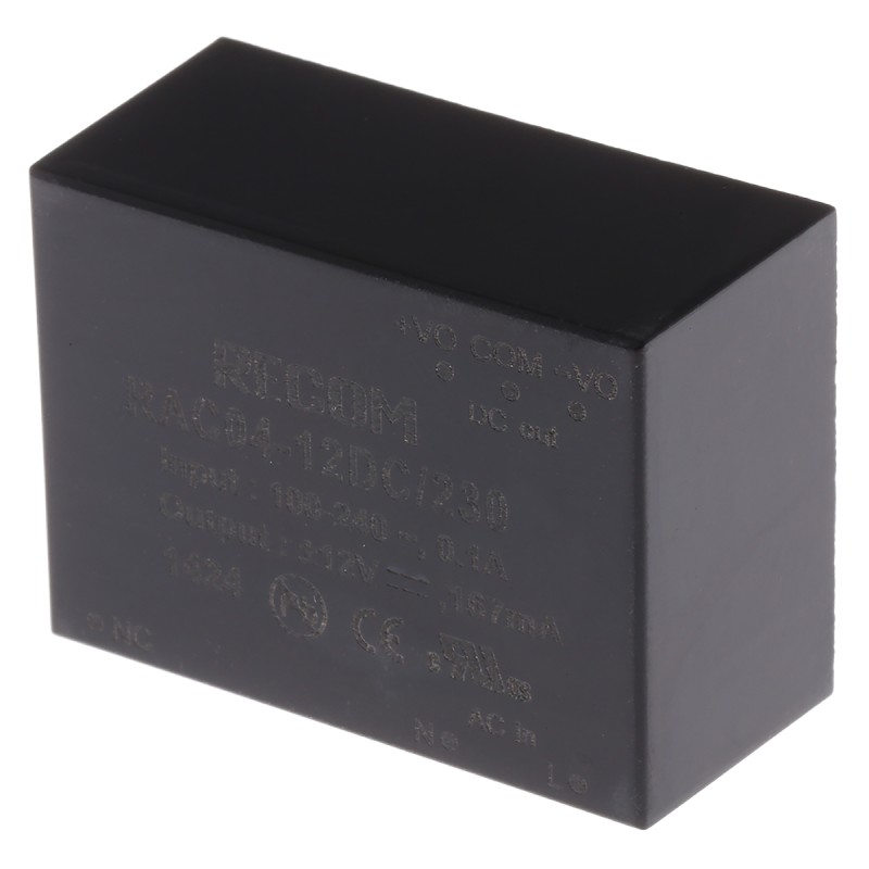 1 pcs - Recom Switching Power Supply, RAC04-12DC/230, 12V dc, 166mA, 4W, Dual Output, 80 - 264V ac Input Voltage