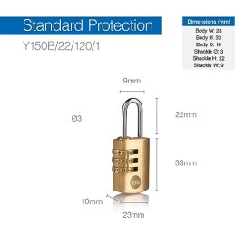 1 pcs - YALE Combination Brass, Steel Combination Padlock, 3mm Shackle, 23mm Body
