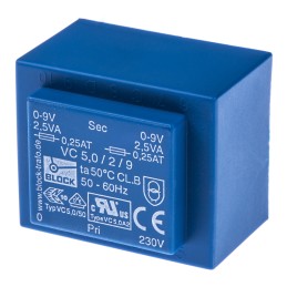 1 pcs - Block 9V ac 2 Output Through Hole PCB Transformer, 5VA