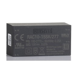1 pcs - Recom Switching Power Supply, RAC10-15SK/277, 15V dc, 670mA, 10W, 1 Output, 85 - 305V ac Input Voltage