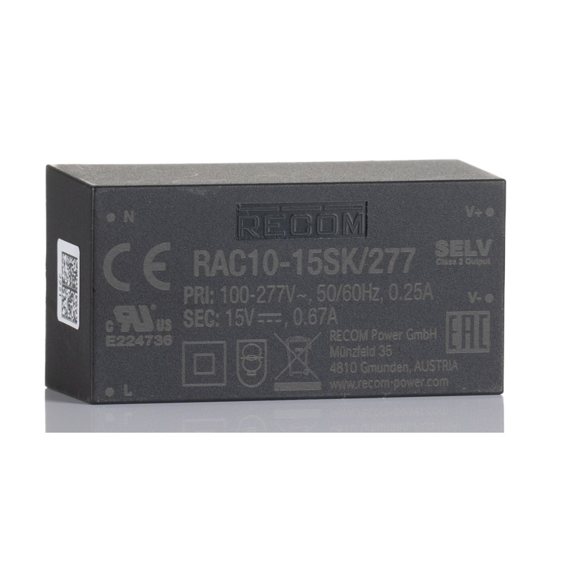 1 pcs - Recom Switching Power Supply, RAC10-15SK/277, 15V dc, 670mA, 10W, 1 Output, 85 - 305V ac Input Voltage