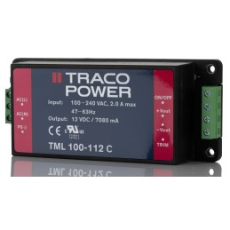 1 pcs - TRACOPOWER Switching Power Supply, TML 100-112C, 12V dc, 7A, 84W, 1 Output, 100 - 240V ac Input Voltage