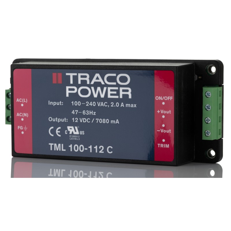 1 pcs - TRACOPOWER Switching Power Supply, TML 100-112C, 12V dc, 7A, 84W, 1 Output, 100 - 240V ac Input Voltage