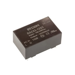 1 pcs - Recom Switching Power Supply, RAC03-12SC, 12V dc, 250mA, 3W, 1 Output, 90 - 264V ac Input Voltage