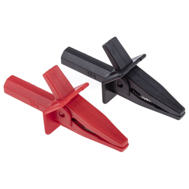 1 Pair - RS PRO Crocodile Clip 4 mm Connection, Nickel-Plated Steel Contact, 20A, Black, Red