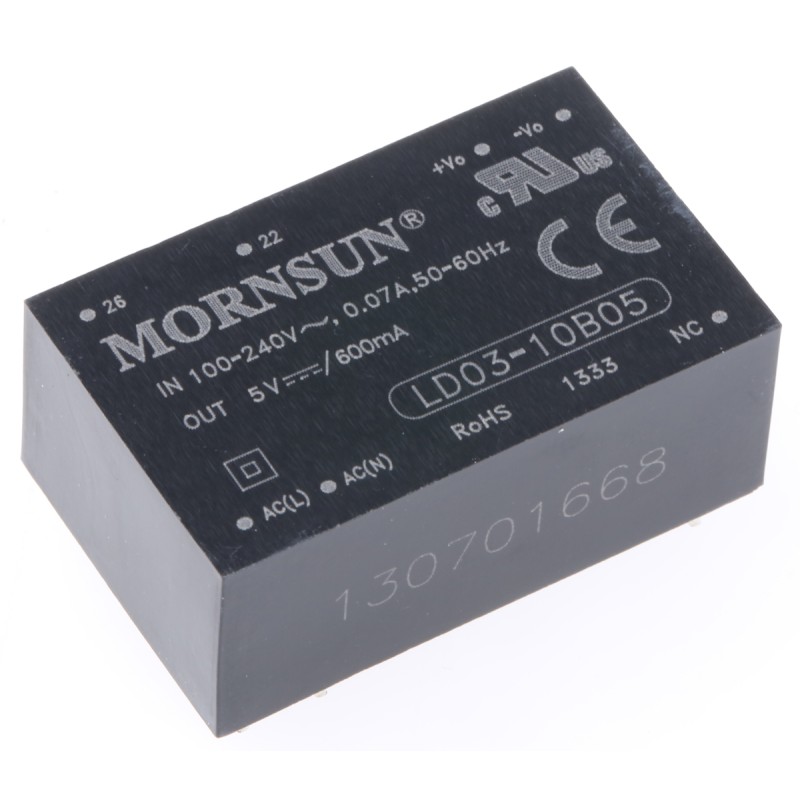 1 pcs - RS PRO Switching Power Supply, 5V dc, 600mA, 3W, 1 Output, 110 - 370 V dc, 85 - 264 V ac Input Voltage