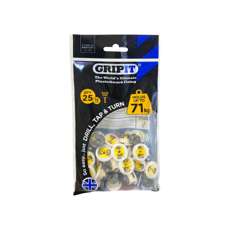 1 pcs - Gripit Yellow Plastic, Steel Plasterboard Fixings, 15mm fixing hole diameter