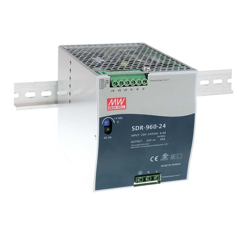 1 pcs - MEAN WELL SDR Switch Mode DIN Rail Power Supply, 180 - 264V ac ac Input, 24V dc dc Output, 40A Output, 960W