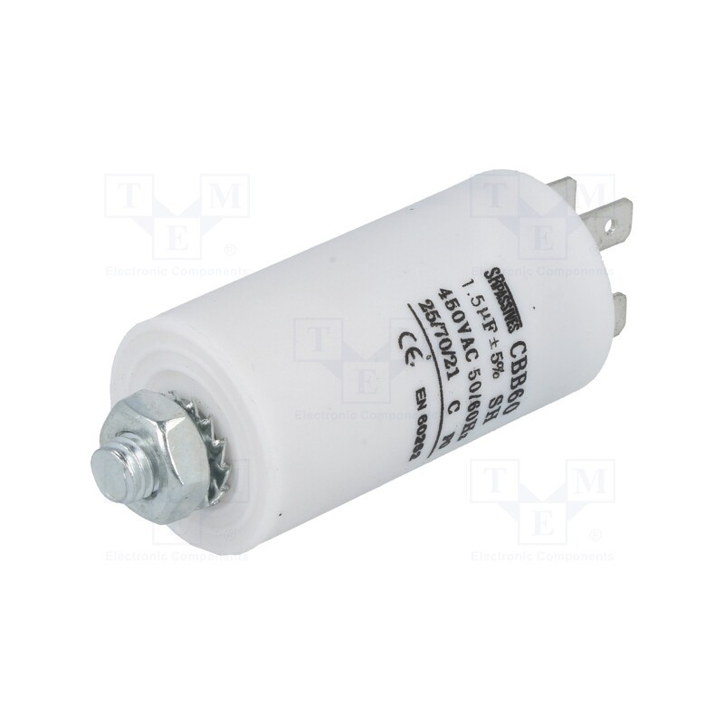 1 pcs x SR PASSIVES - CBB60E-1.5/450 - Capacitor: motors, run, 1.5uF, 450V, Ø30x57mm, -25÷70°C, ±5%, 3000h