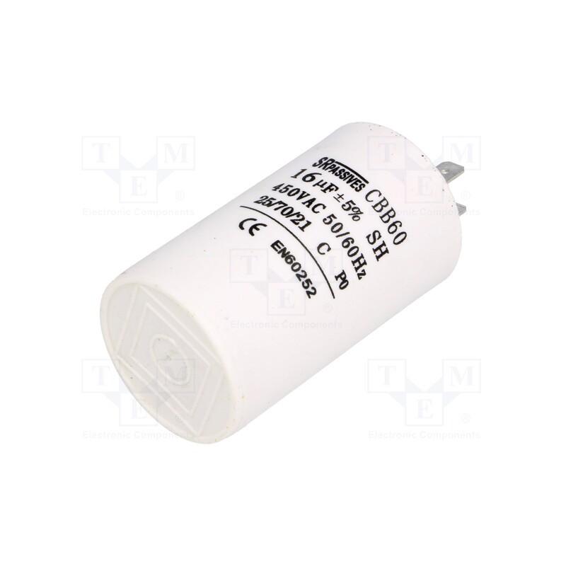 1 pcs x SR PASSIVES - CBB60A-16/450 - Capacitor: motors, run, 16uF, 450V, Ø40x70mm, -25÷70°C, ±5%, 3000h