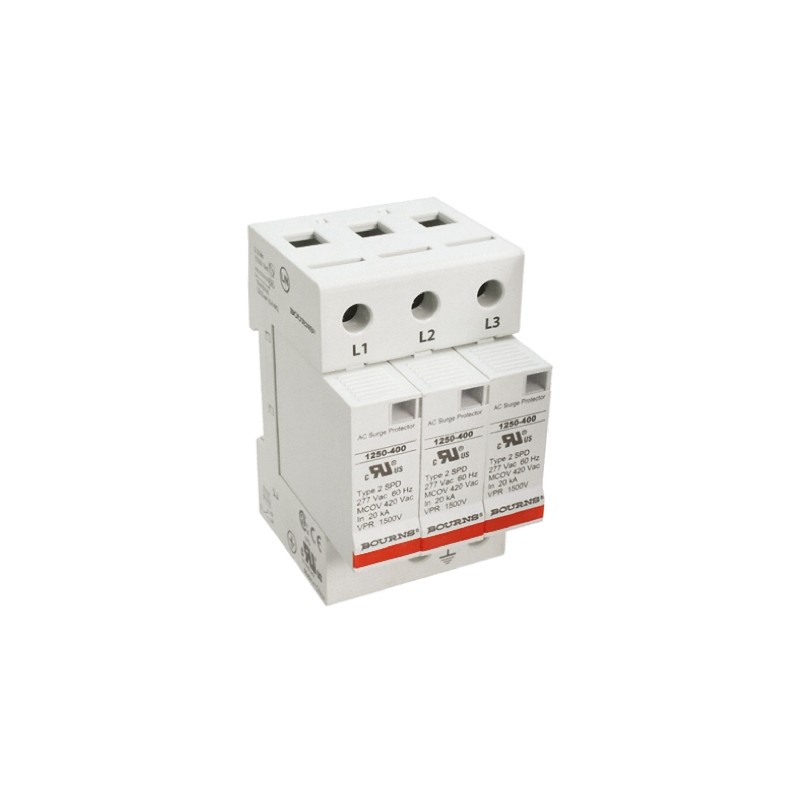 3 pcs - Bourns, 1250 Surge Arrester 600 V ac Maximum Voltage Rating 50kA Maximum Surge Current 3 Pole Protector